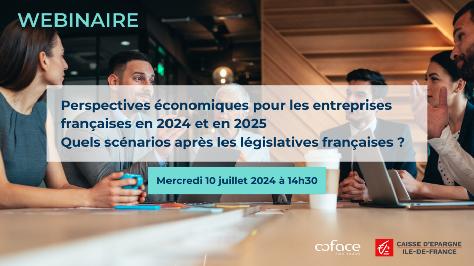 Webinaire : "Perspectives économiques pour les entreprises françaises en 2024 et en 2025 - Quels scénarios après les législatives françaises ?" Le Mercredi 10 juillet 2024 à 14h30.